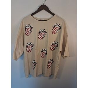 Rocker Chic Fantastic Fawn Rolling Stones T-Shirt Womens Large Cream Sequin Lip